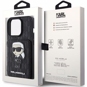 Karl Lagerfeld Saffiano Cardslots and Stand Monogram Ikonik Patch suojakuori iPhone 15 Pro:lle - musta