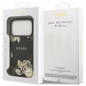 Guess Grained Flowers Classic Logo MagSafe -suojakuori iPhone 17 Pro - musta