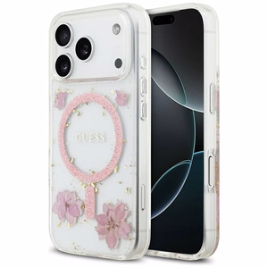 Guess Resin Flowers Glitter MagSafe -kuori iPhone 17 Pro pinkki