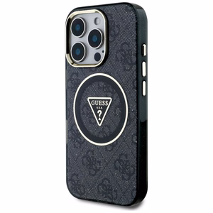 GUESS Suojakuori iPhone 16 Pro:lle MagSafe-yhteensopiva GUHMP16LHG4PRTGK (IML Metal Glitter 4G Circle Triangle) Musta
