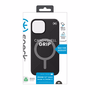 Speck Presidio2 Grip MagSafe suojakuori iPhone 17e / 16e / 15 / 14 / 13 -laitteelle, musta liuskeenharmailla yksityiskohdilla