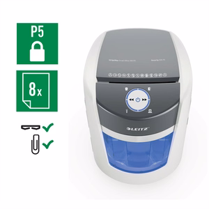Leitz IQ OptiMax Small Office 350 – P-5-mikroleikkaava paperisilppuri, 22 l, valkoinen (83590000)