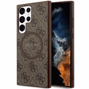 Guess 4G Collection Nahkainen Metal Logo MagSafe Suojakuori Samsung Galaxy S24 Ultralle - ruskea