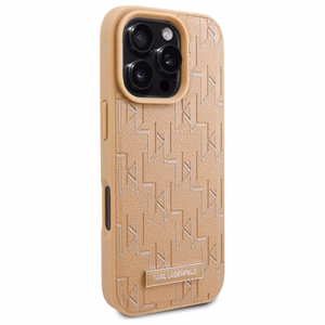 Karl Lagerfeld Suojakuori iPhone 16 Pro 6.3 KLHMP16LPKHPORPE Beige Kova Nahkainen Monogram Metal Logo MagSafe