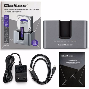 Qoltec 52631 HDD SSD doscking station | SATA | M.2 NVMe | cloning | USB-C | 10Gb/s | 28TB