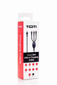 SEEK TOTI USB-A – microUSB/Type-C/Lightning, 1,5 m punottu kaapeli 2A (ei-MFI), musta