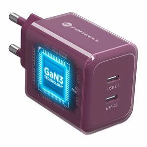 Viininpunainen 60 W:n Forcell F-Energy GaN III Crystal Color VT-60 -seinälaturi, 2 × USB-C, AVS/PPS ja 1 m:n 60 W:n silikoninen USB-C–USB-C-kaapeli