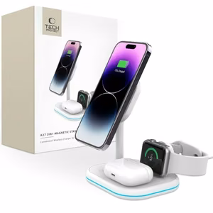 Tech-Protect QI15W-A27 3-in-1 induktiivinen laturi MagSafe-telineellä älypuhelimelle / Apple Watch / AirPods - valkoinen