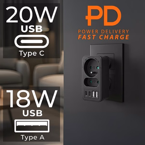 Maclean MCE249 F/B – verkkopistorasian jakaja, 2 pistorasiaa, 4 USB-porttia: 2×USB-A ja 2×USB-C PD 20 W, 1×16 A + 1×6 A