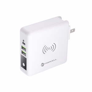 Monitoimilaturi Forcell F-Energy 4in1 2 x USB A + USB C 15W + Varavirtalähde 8000mAh + langaton lataus valkoinen