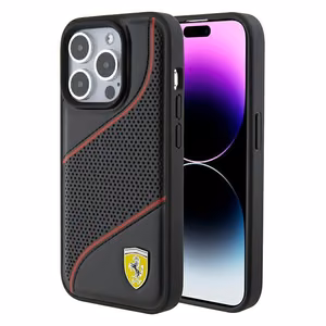 Ferrari Perforated Waves Metal Logo -suojakuori iPhone 15 Prolle - musta
