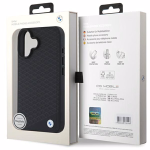 BMW Sign Leather Diamond Metal Logo MagSafe iPhone 16 Case - Black