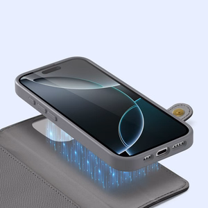 Dux Ducis Lawa Nahkainen Suojakuori iPhone 16 Pro Max:lle irrotettavalla magneettisella lompakolla - harmaa