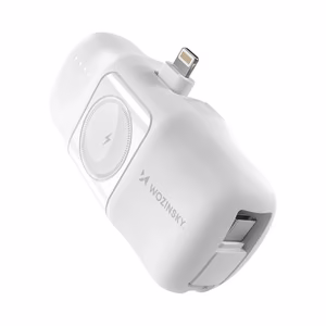 Wozinsky WF16-YLS 5000mAh 15W Lightning Mini Power Bank, jossa on sisäänrakennettu USB-C-kaapeli ja Apple Watch -laturi - Valkoinen