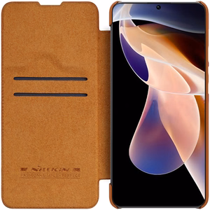 Nillkin Qin Kotelo Asia Asia Xiaomi Redmi Note 11 Pro + (Kiina) / Redmi Note 11 Pro (Kiina) / Mi11i HyperCharge Camera Protector Holster Cover Flip Case Brown