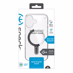 Speck Presidio Perfect-Clear -suojakuori MagSafe- ja ClickLock-tuella iPhone 16:lle, Clear/Chrome