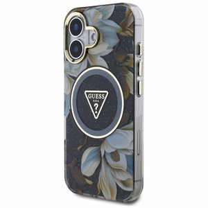 Guess suojakuori iPhone 16:lle MagSafe-tuella GUHMP16SHFLPEDK (IML Metal Glitter Flowers Triangle) - musta