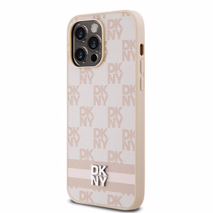 DKNY Nahkainen Checkered Mono Pattern & Printed Stripes Suojakuori iPhone 14 Pro Max:lle - vaaleanpunainen