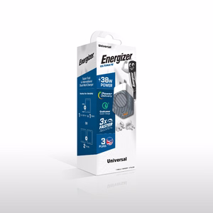 Energizer Ultimate A38QMU GaN-matkalaturi EU-, UK- ja US-pistokkeilla, USB-C + USB-A, 38 W PD + QC 3,0, hopeanvärinen