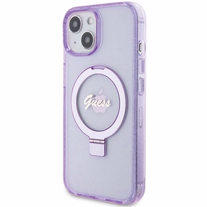 Guess Ring Stand Script Glitter MagSafe Suojakuori iPhone 15 Plus / 14 Pluslle - violetti