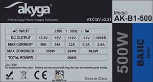 Akyga AK-B1-500 virtalähde 500 W 20+4 pin ATX ATX harmaa