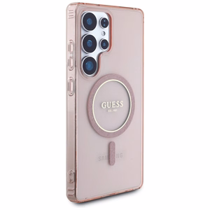 Guess Glitter Circle Classic Logo MagSafe -suojakuori Samsung Galaxy S25 Ultra pinkki