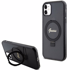 Guess Ring Stand Script Glitter MagSafe -suojakuori iPhone 11 / Xr:lle - musta