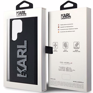 Karl Lagerfeld 3D Rubber Glitter Logo Suojakuori Samsung Galaxy S23 Ultralle - musta