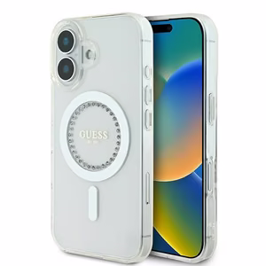 Guess IML Rhinestones MagSafe Suojakuori iPhone 16:lle - valkoinen