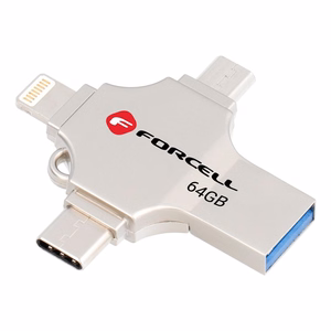 Muistitikku 64GB USB 3.2 Gen 1 (USB A / USB C / Lightning / Micro USB) Forcell F-Data Metal Quad hopeinen