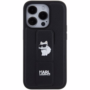 Karl Lagerfeld Gripstand Saffiano Choupette Pins Suojakuori iPhone 15 Prolle - musta