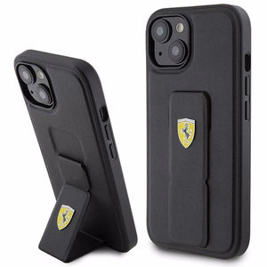 Ferrari Grip Stand Metal Logo Suojakuori iPhone 15:lle - musta