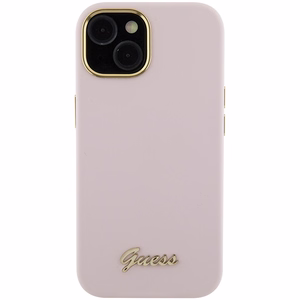 Guess Silicone Script Metal Logo & Frame suojakuori iPhone 15:lle - vaaleanpunainen