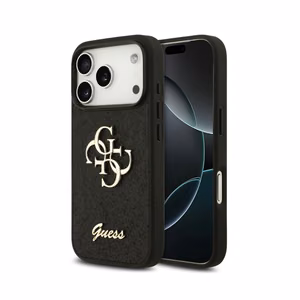 Guess PU Fixed Glitter 4G Metal Logo -kuori Apple iPhone 18 Pro Max -puhelimelle, musta
