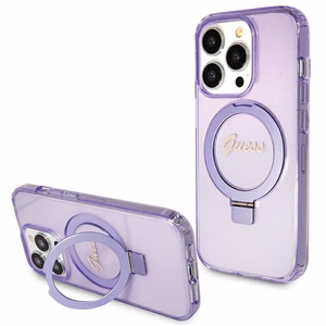 Guess Ring Stand Script Glitter MagSafe Suojakuori iPhone 15 Prolle - violetti