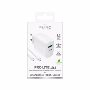 Puro Daily Prolite 45W USB-C USB-A Power Delivery laturi USB-C kaapelilla - Valkoinen