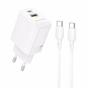 Borofone Seinälaturi BN29 Fuente - USB + Type C - QC 3.0 PD 30W Type C - Type C -kaapelilla valkoinen