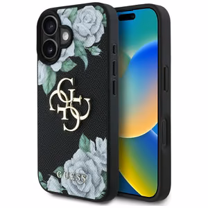 Guess Grained Roses Big 4G logo Suojakuori iPhone 16:lle - musta
