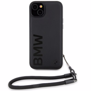 BMW Signature Leather Wordmark Cord Suojakuori iPhone 15 Plus / 14 Plus:lle - musta