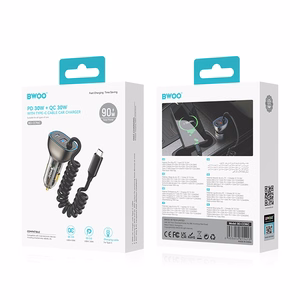 Harmaa BWOO CC96C 30 W PD -autolaturi USB-C- ja USB-A-liitännöillä sekä USB-C-kaapelilla