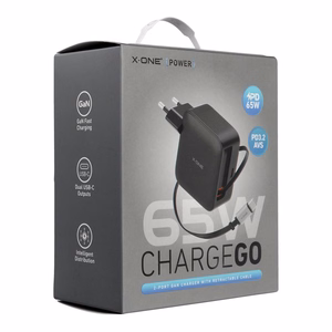 Travel charger X-ONE ChargeGo GaN 65W with retractable cable and USB C port - black