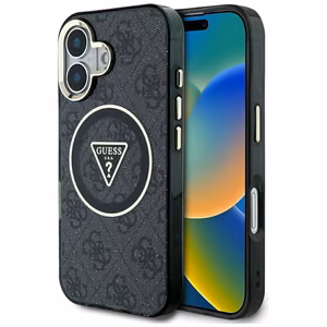 GUESS Suojakuori iPhone 16:lle MagSafe-yhteensopiva GUHMP16SHG4PRTGK (IML Metal Glitter 4G Circle Triangle) Musta