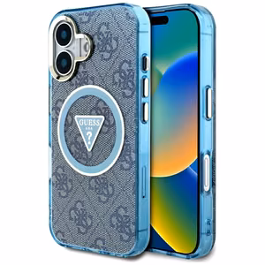 Guess IML Metal Glitter 4G Circle Triangle MagSafe Suojakuori iPhone 16:lle - Sininen