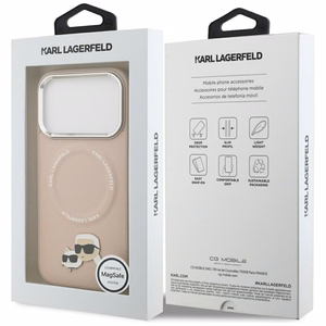 Karl Lagerfeld MagSafe PU Suojakuori Karl&Choupette Pins -logolla ja metallikamerapainikkeilla iPhone 17 Pro:lle - Beige