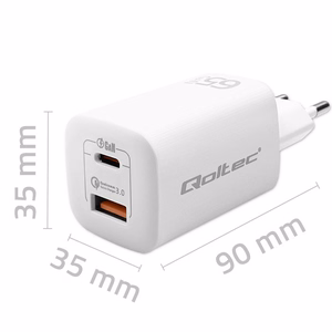 Qoltec 50765 mobiililaitteiden laturi kannettavalle tietokoneelle, kannettavalle pelikonsolille, varavirtalähteelle, älypuhelimelle, älykellolle, tabletille valkoinen AC pikalataus