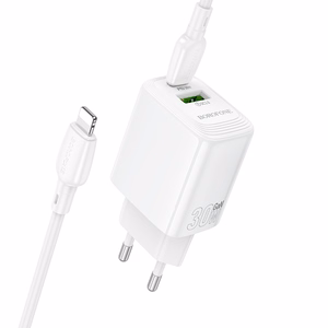 Borofone Wall charger BN29 Fuente - USB + Type C - QC 3.0 PD 30W with Type C to Lightning cable white