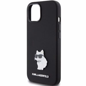 Karl Lagerfeld Silikoninen Choupette Metal Pin Suojakuori iPhone 15 Plus / 14 Pluslle - musta
