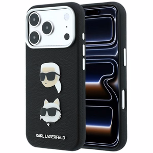 Karl Lagerfeld Saffiano Karl & Choupette Heads Pins & Logo -suojakuori laitteelle iPhone 18 Pro / 17 Pro – musta