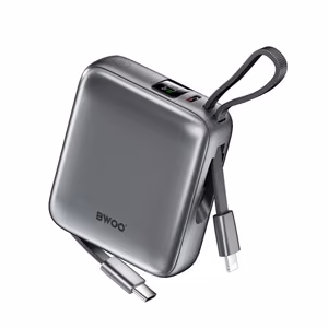 BWOO varavirtalähde P74 22.5W 20000 mAh kahdella sisäänrakennetulla kaapelilla 1x USB-C 1x Lightning, musta