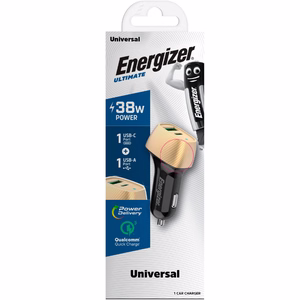 Energizer Ultimate D38BG autolaturi, USB-C + USB-A, 38 W PD + QC 3,0, kullanvärinen ja musta